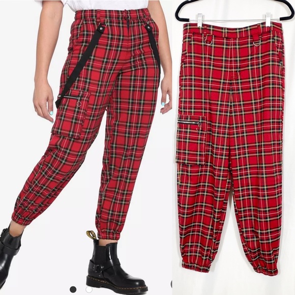 Hot Topic Red Plaid Jogger Cargo Pants Grunge Goth Punk Retro - Picture 1 of 11